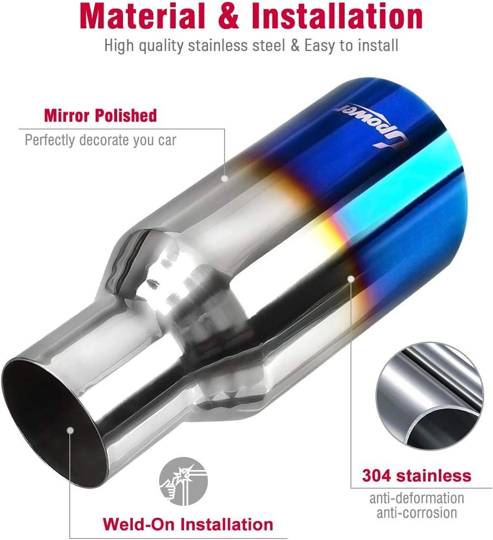 Blue Burnt Exhaust Tip 2.5" Inlet 4" Outlet 9" Long Single Wall Slant Cut 304 Stainless Steel Pack of 2 A9966