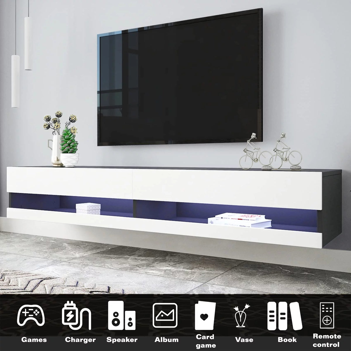 White Black High Gloss Floating TV Stand with LED Lights A4375