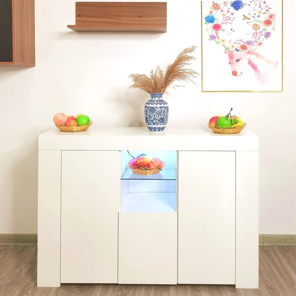 White Wall-Mounted TV Stand with LED Lights and 2 Storage Drawers H27289