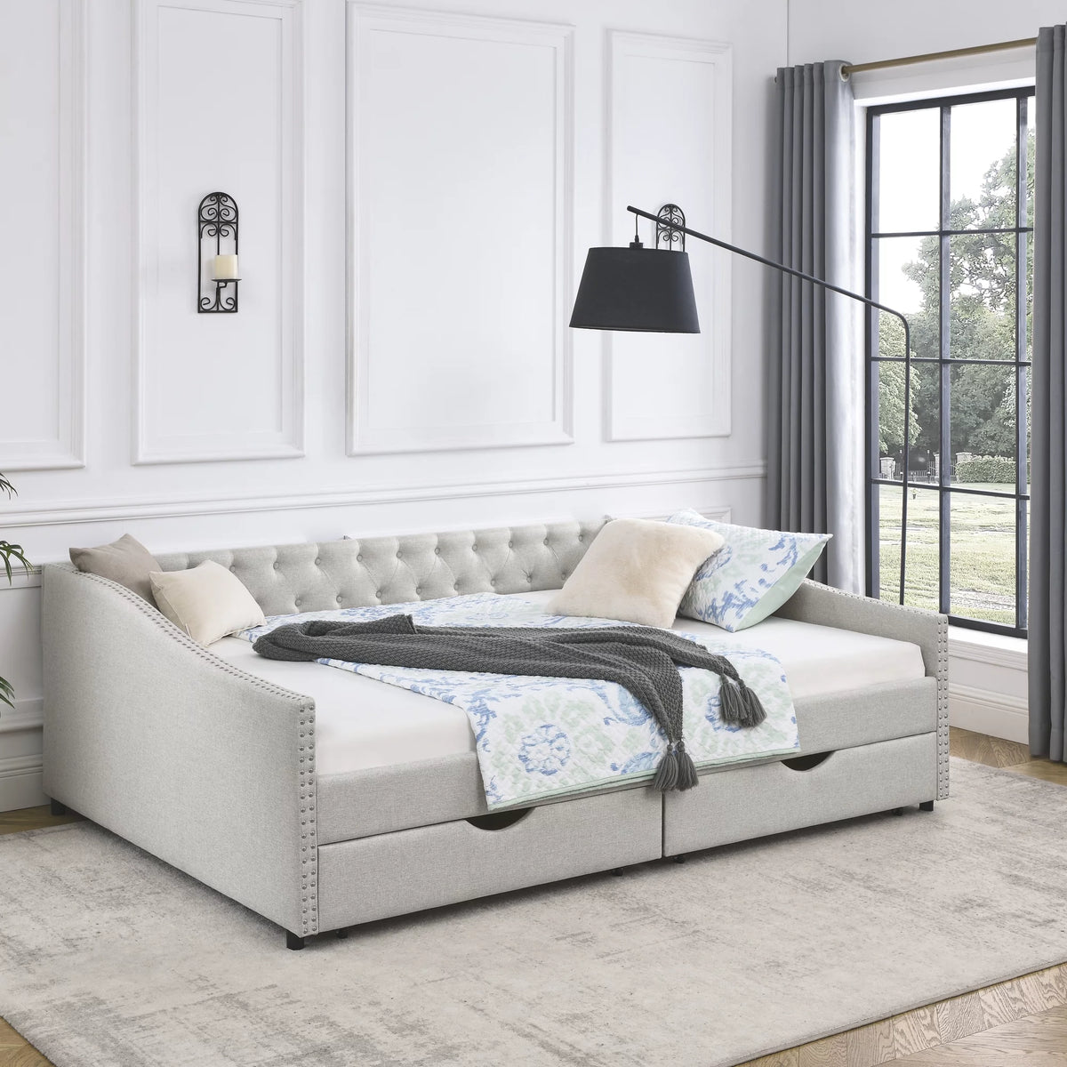 Beige Queen Size Upholstered Daybed with Drawers P327