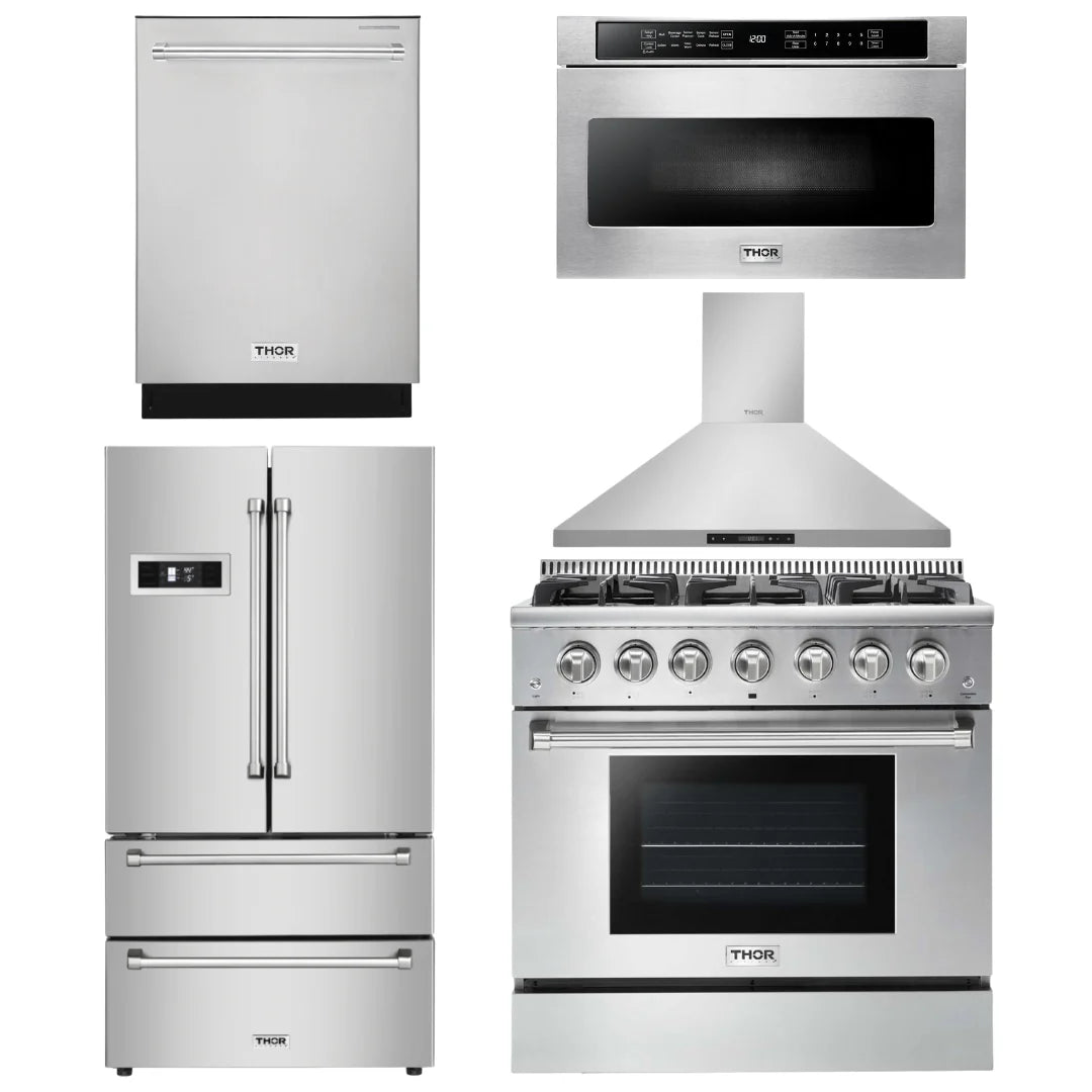36 Propane Gas Range, Range Hood, Microwave, Refrigerator, Dishwasher A4383
