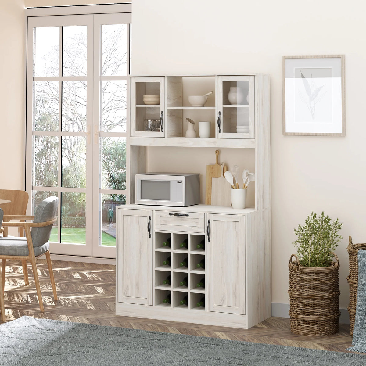 White Kitchen Buffet Hutch Cupboard with 4 Door Cabinets and 12-Bottle Wine Storage M739