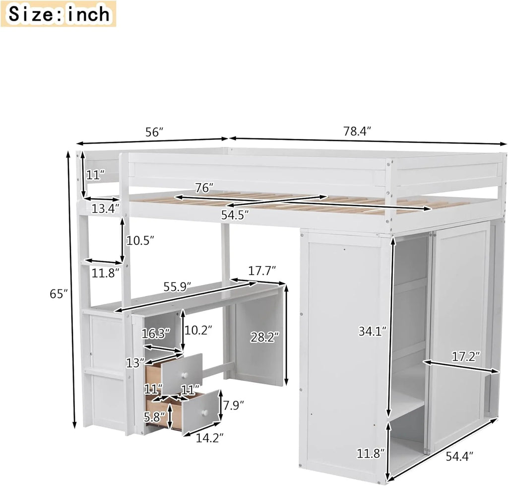 White Full Size Solid Wood Loft Bed with Wardrobes and Desk G8771