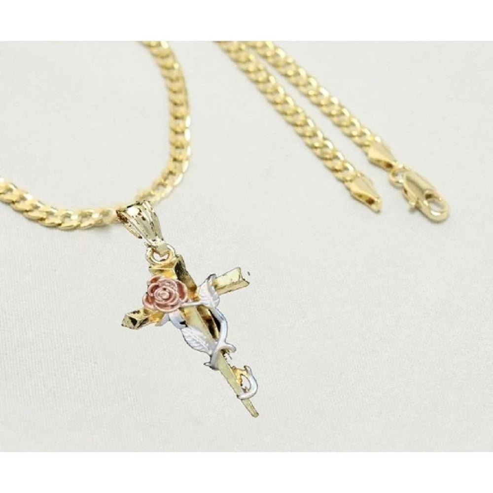 14K Bonded Gold Cuban Chain Necklace with Rose Cross Charm Y111657