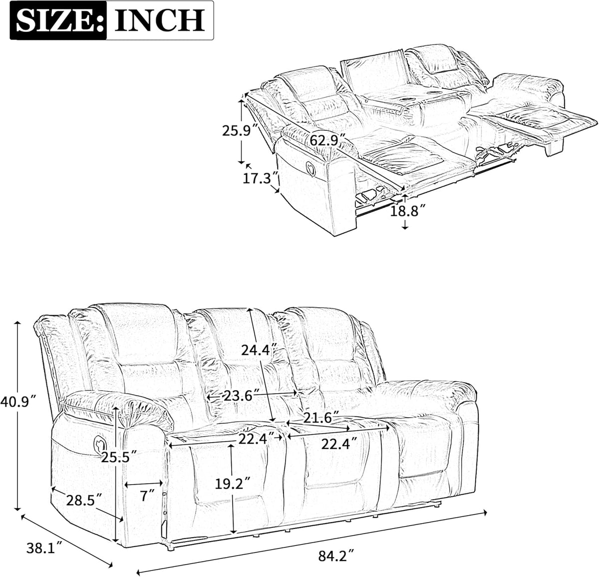 3 Seater Manual Reclining Leather Sofa with Center Console X851833