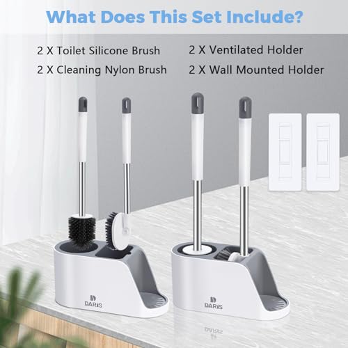 2-Way Toilet Brush with Ventilated Holder Silicone and Bristle Brushes with Aluminum Handle U4461