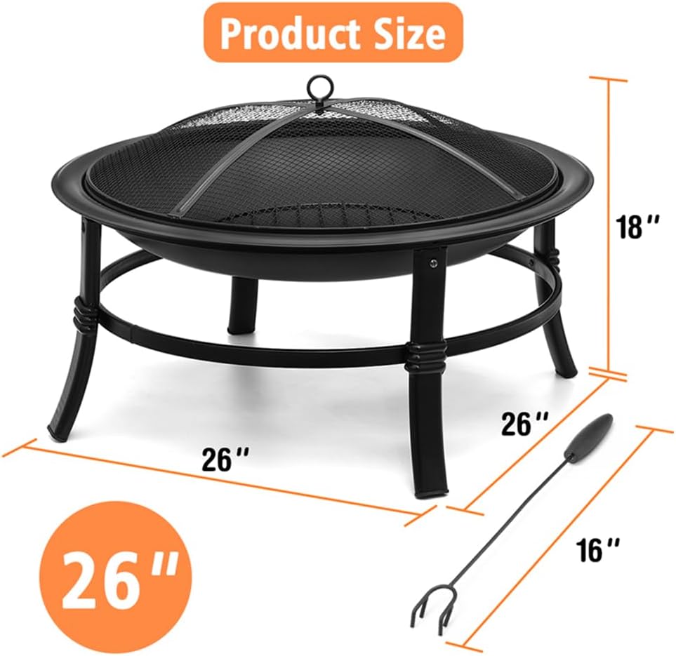 26 inch Wood Burning Fire Pit Bowl with Spark Screen Z6224