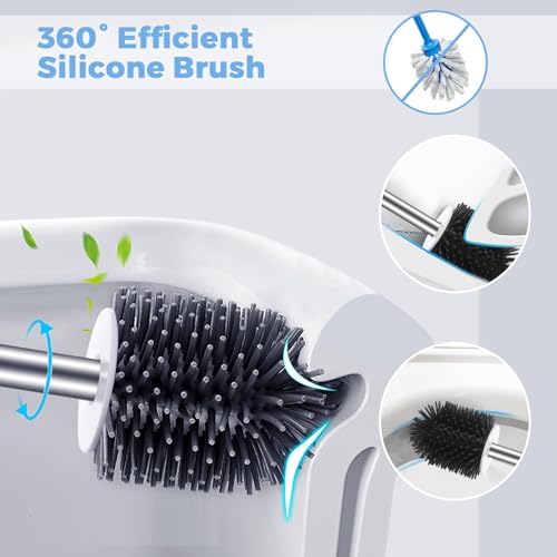 2-Way Toilet Brush with Ventilated Holder Silicone and Bristle Brushes with Aluminum Handle U4461