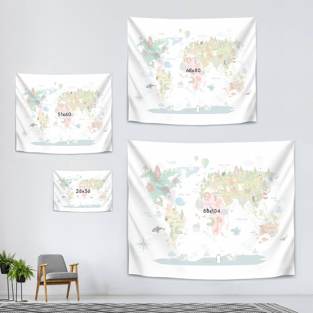 Animals World Map Wall Tapestry Z1358
