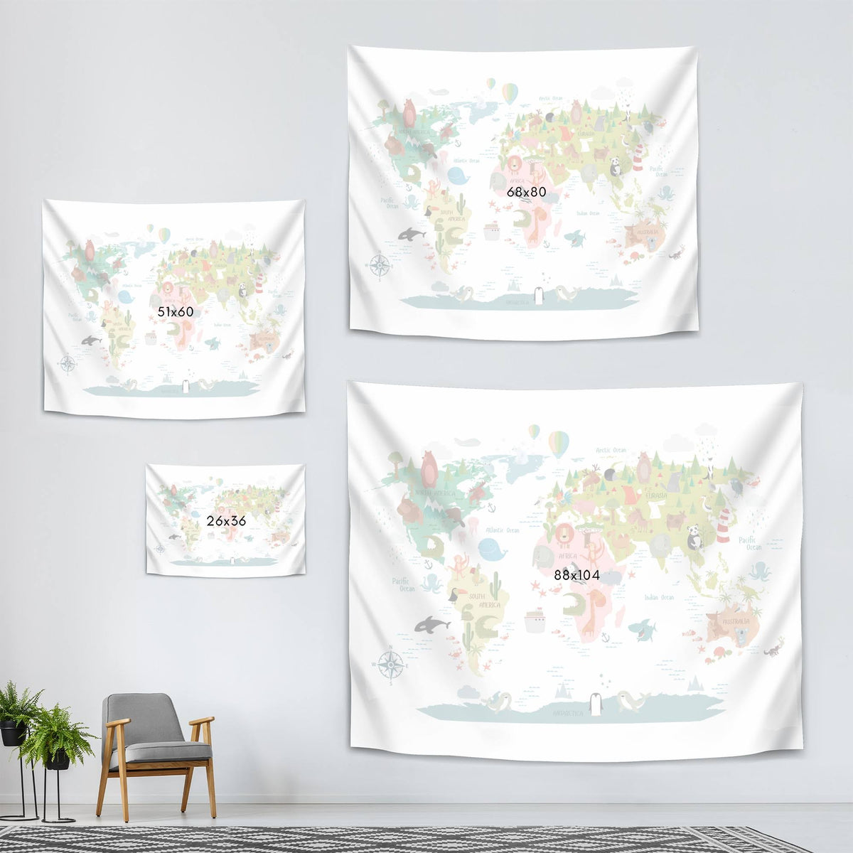 Animals World Map Wall Tapestry Z1358