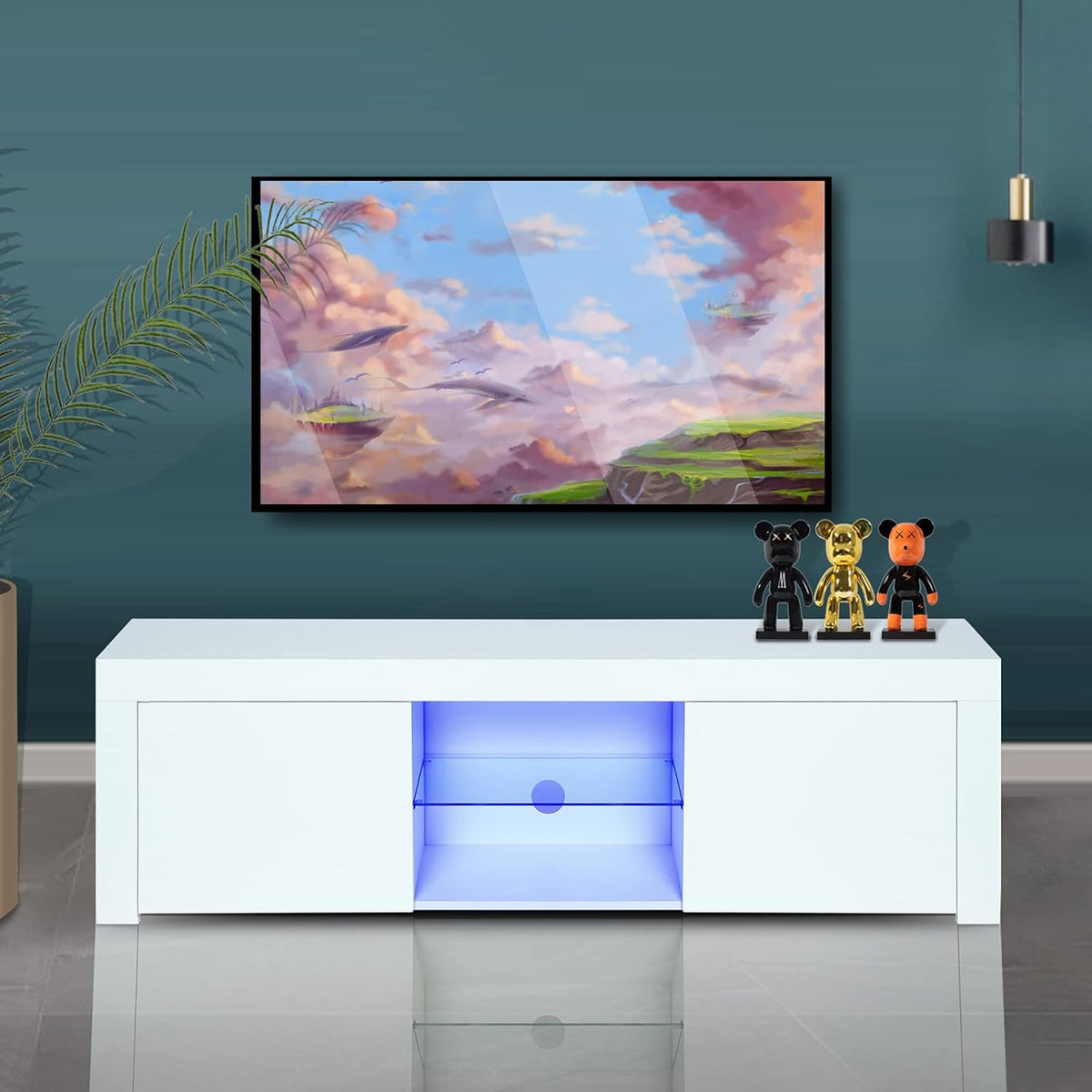 White Wall-Mounted TV Stand with LED Lights and 2 Storage Drawers H27289