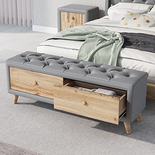 Gray Upholstered Wooden Storage Ottoman Bench with 2 Drawers T996
