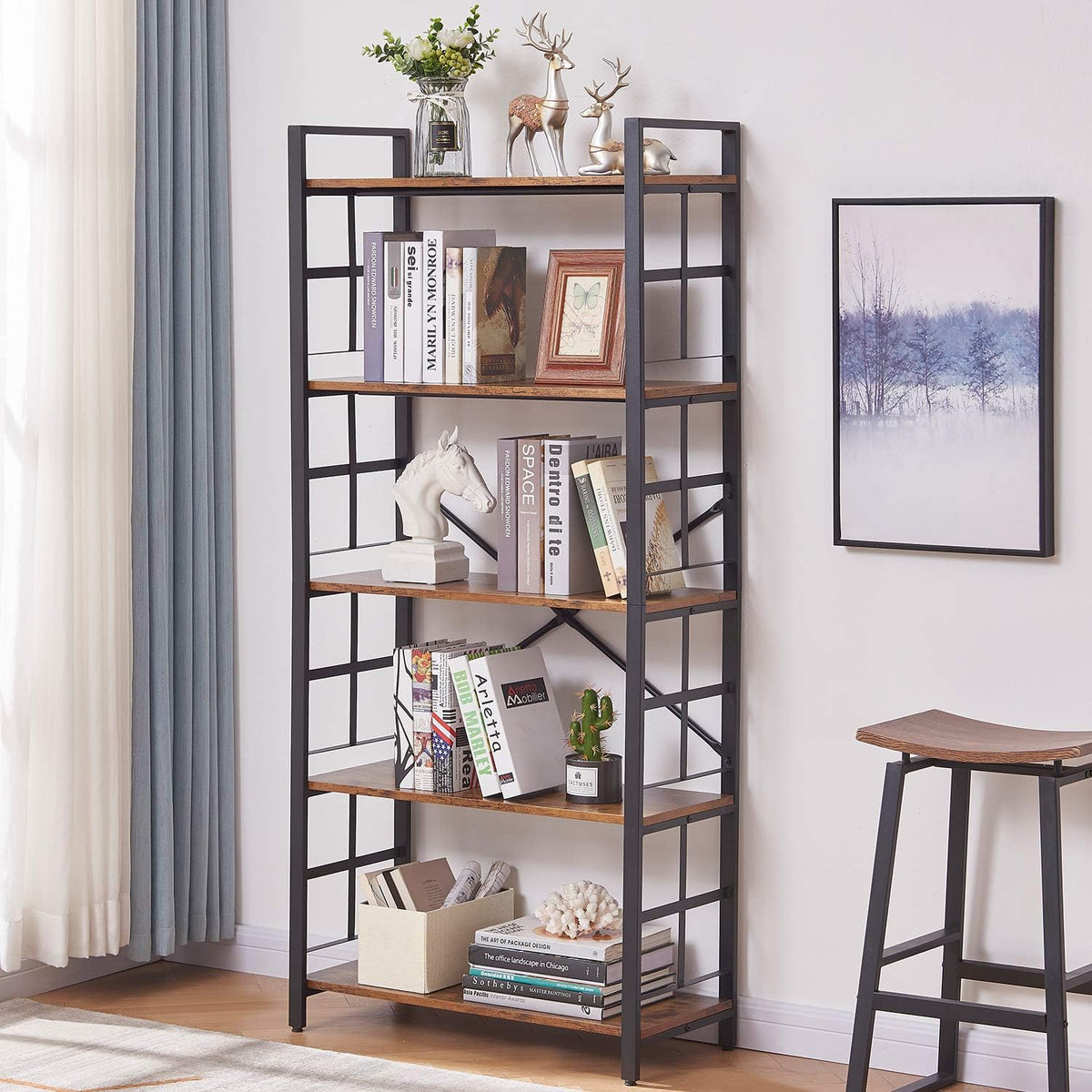 5-Tier Rustic Wood and Metal Bookshelf F225