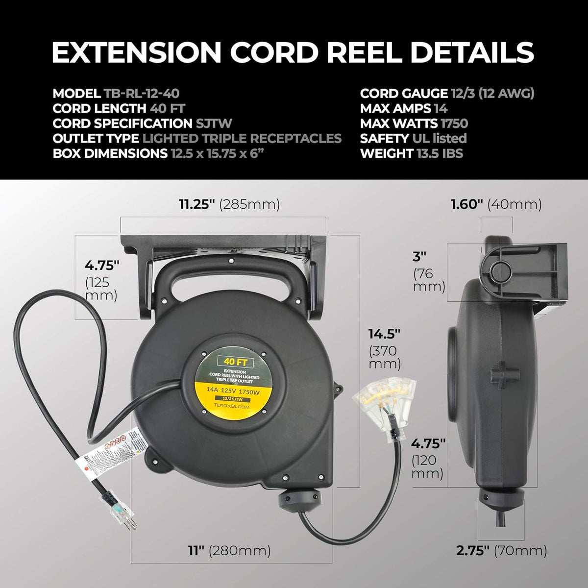 40 Ft 12/3 Retractable Extension Cord Reel with 3 Outlets E137619