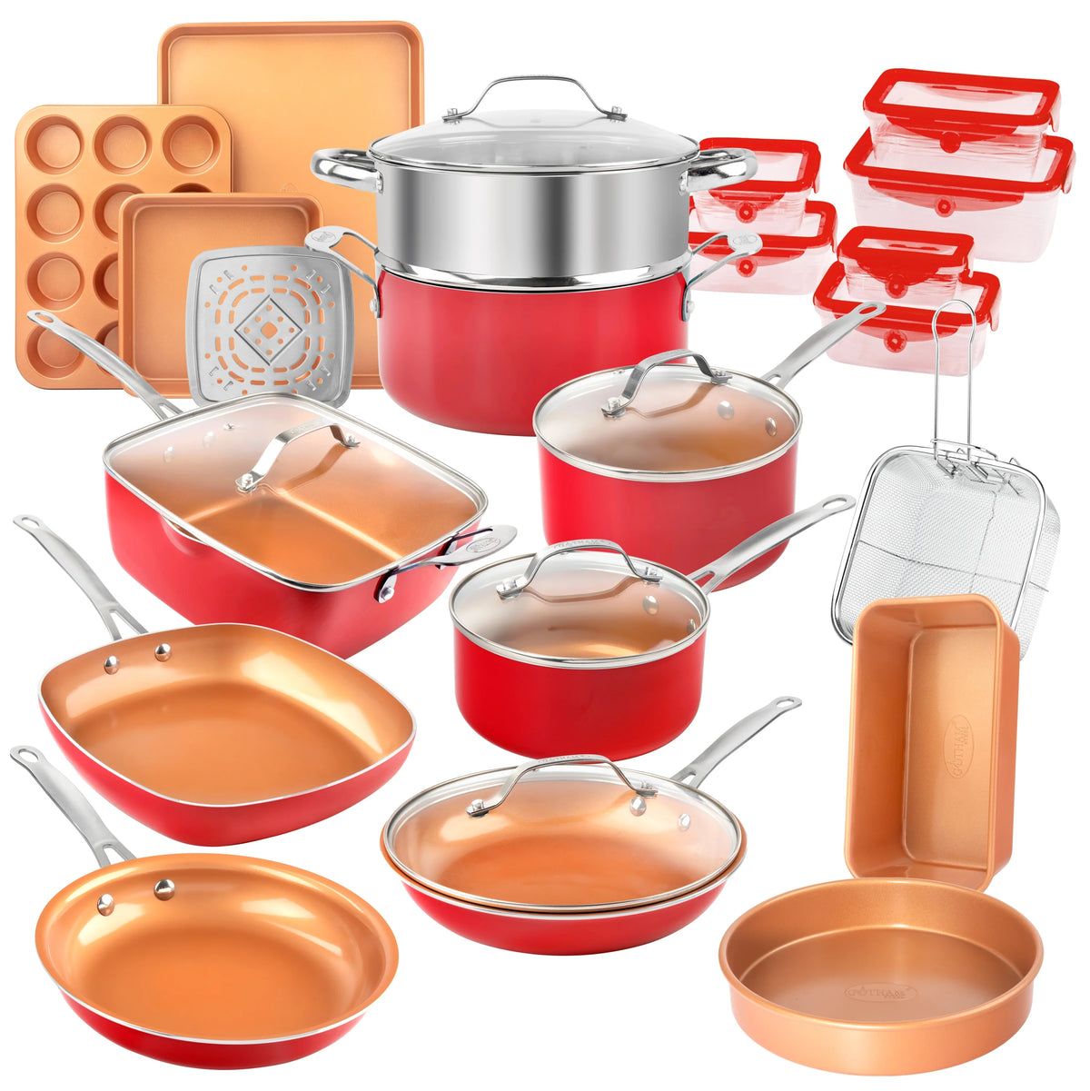 32 Pcs Nonstick Cookware Bakeware Food Storage Set Red Z709359