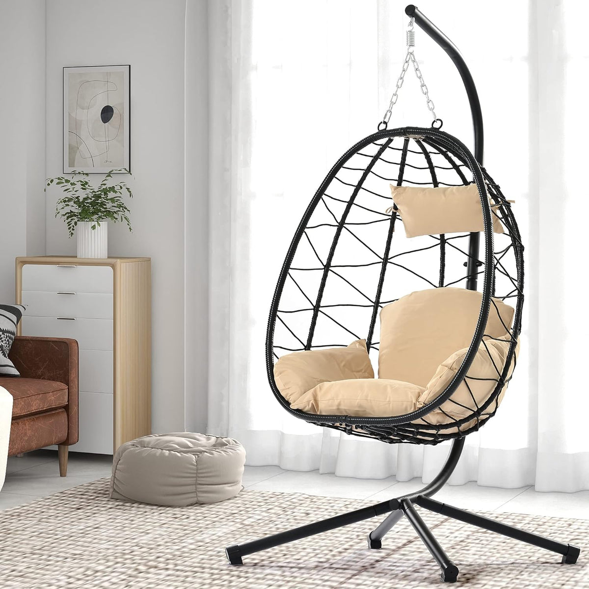 Egg Chair with Stand, Rattan Hanging Chair with Cushion W8449