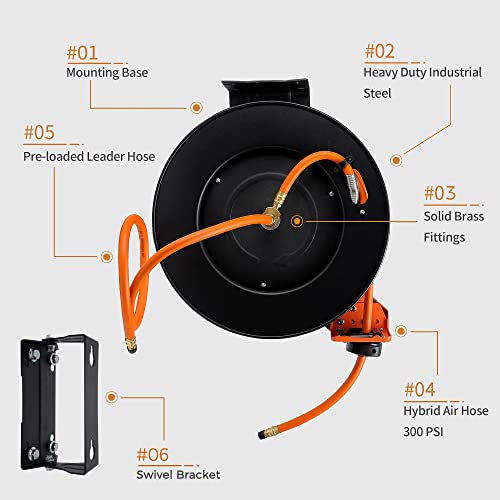 3/8" x 50 ft Retractable Air Hose Reel, 300 PSI V5200