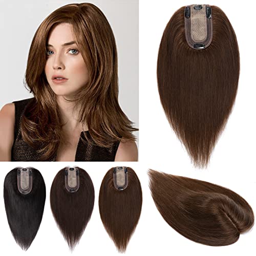 100% Real Human Hair Toppers Silk Base Clip in Hair Toppers 6 inch 27g Medium Brown T259347