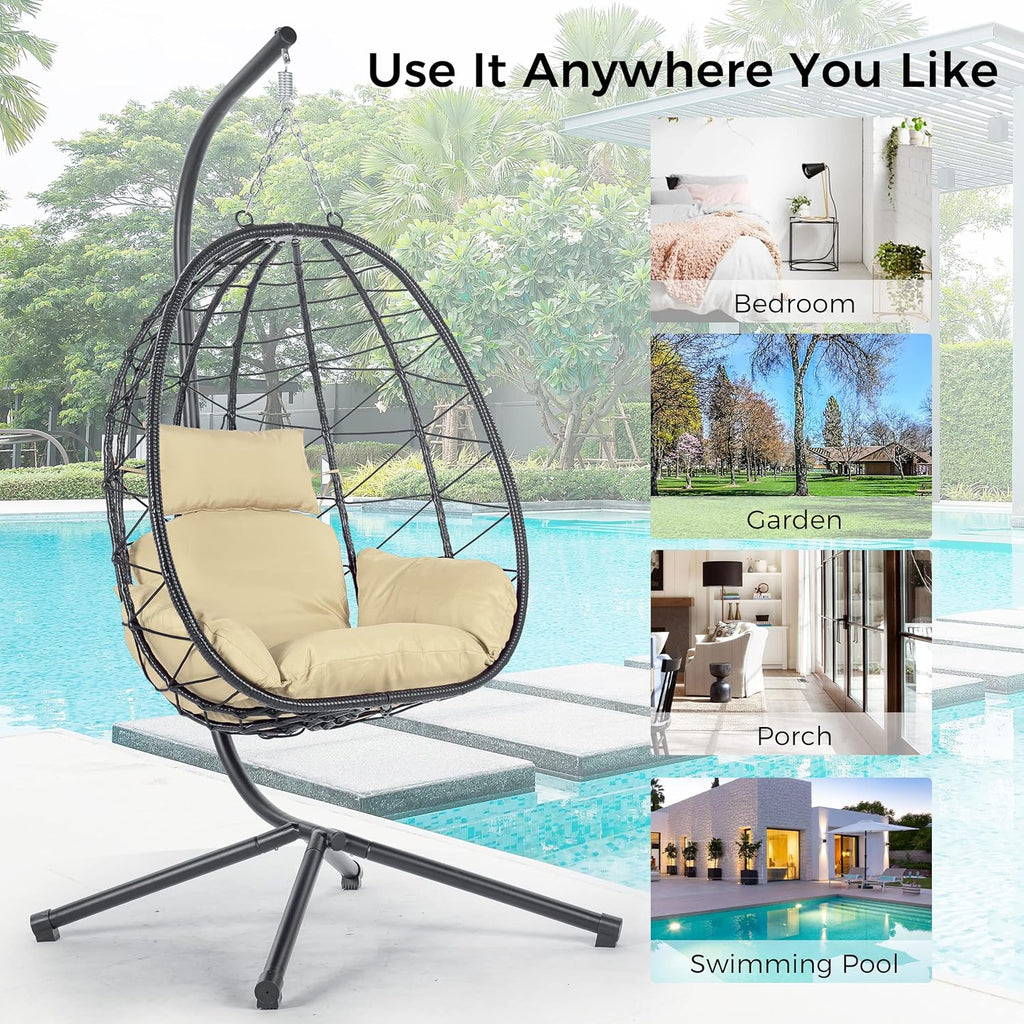 Egg Chair with Stand, Rattan Hanging Chair with Cushion W8449