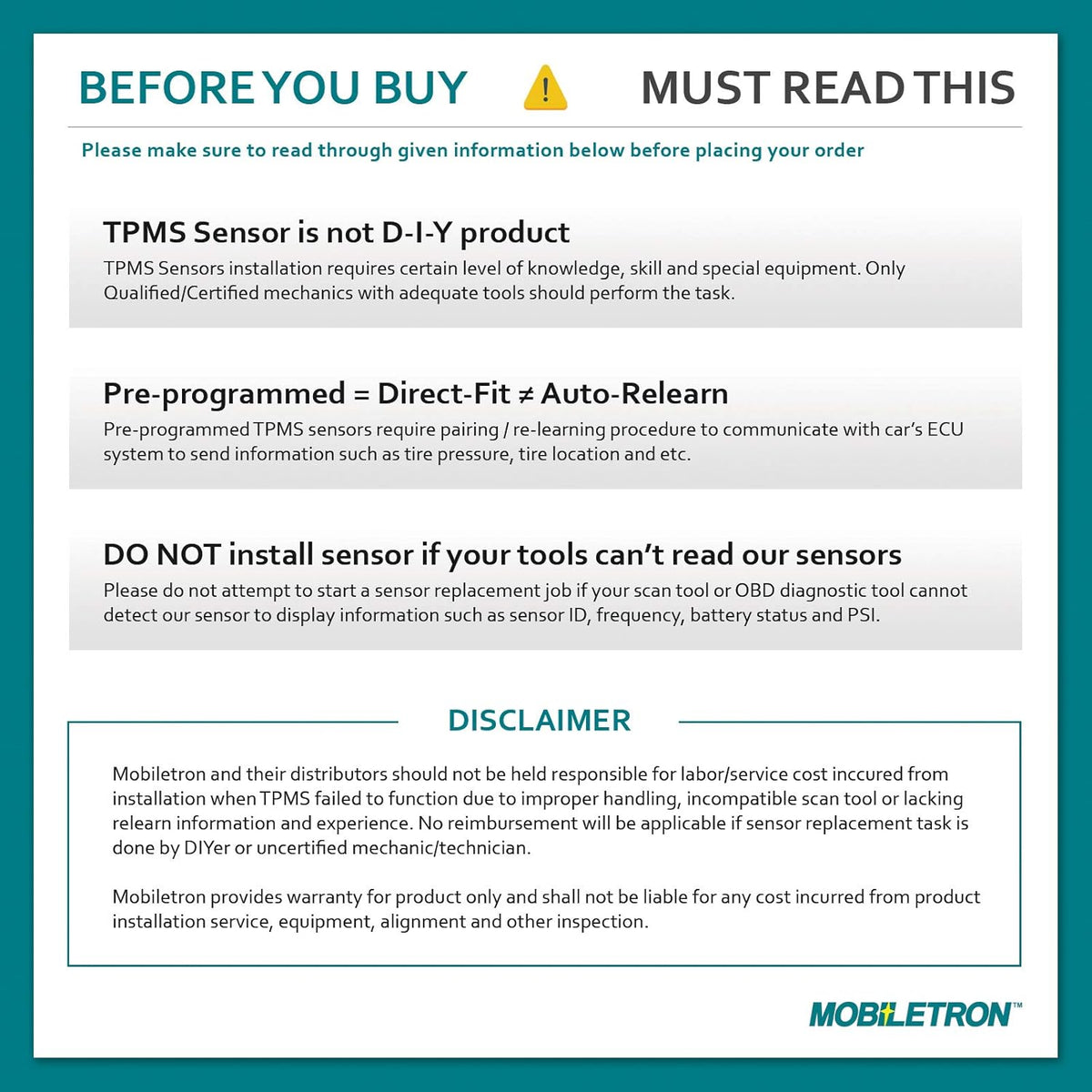 315MHz TPMS Tire Pressure Sensor 4-Pack V40649