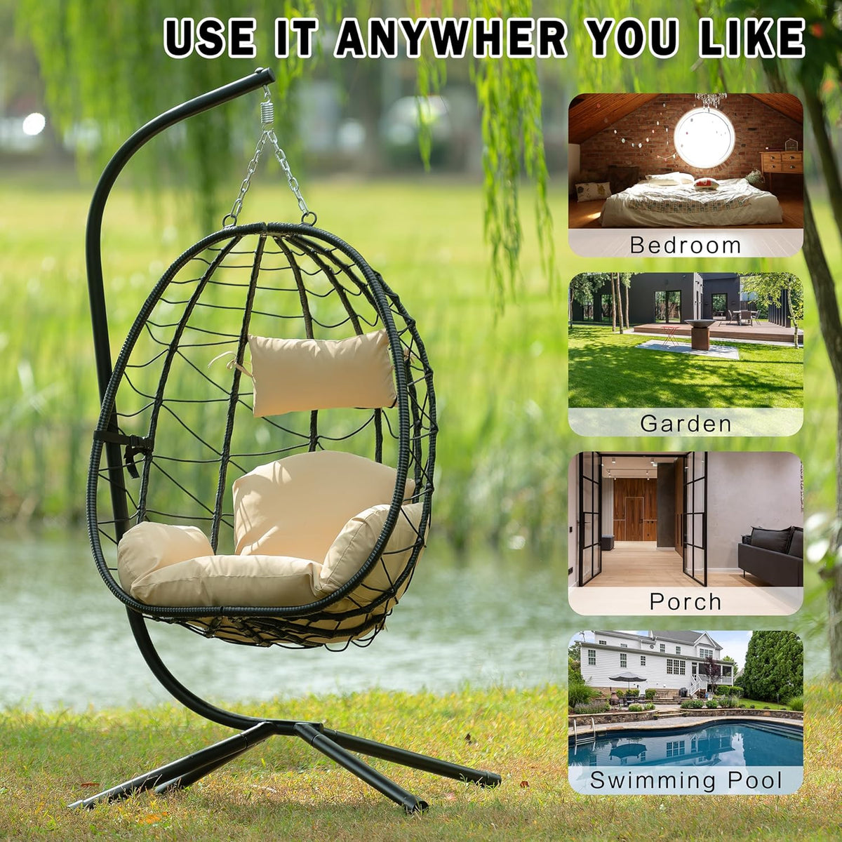 Egg Chair with Stand, Rattan Hanging Chair with Cushion W8449