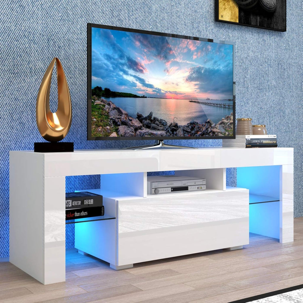 White Wall-Mounted TV Stand with LED Lights and 2 Storage Drawers H27289