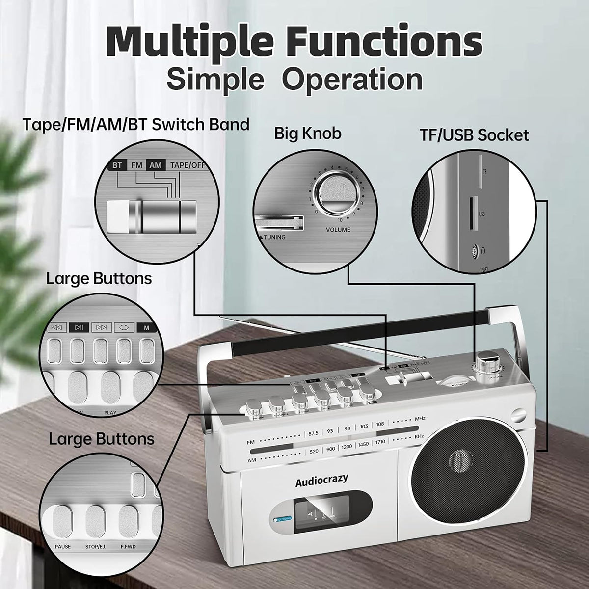 Portable Cassette Player Recorder AM FM Radio Boombox with Speaker T7431