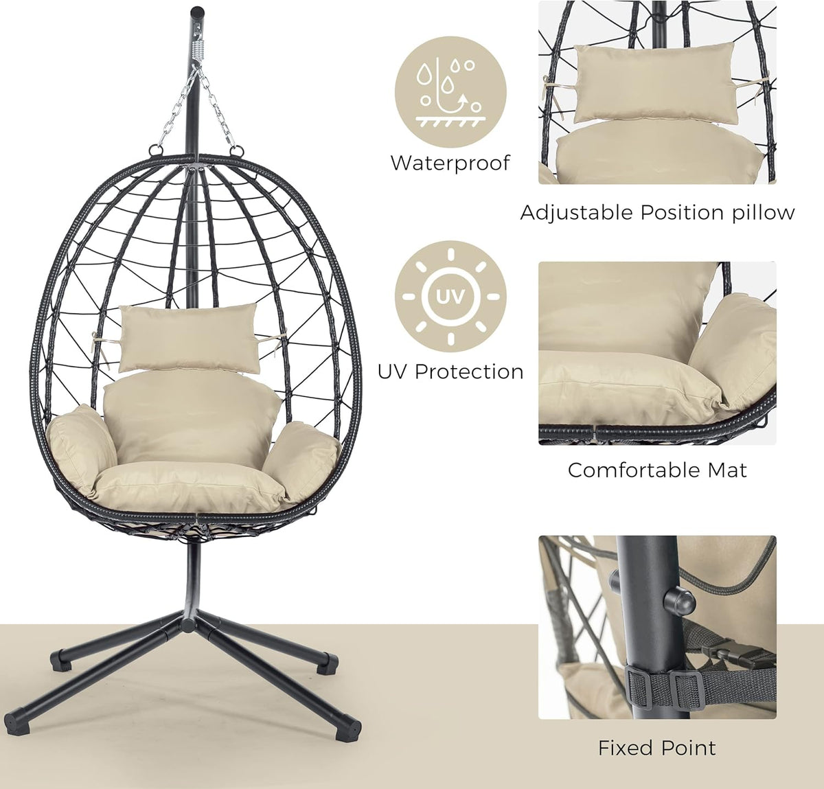 Egg Chair with Stand, Rattan Hanging Chair with Cushion W8449