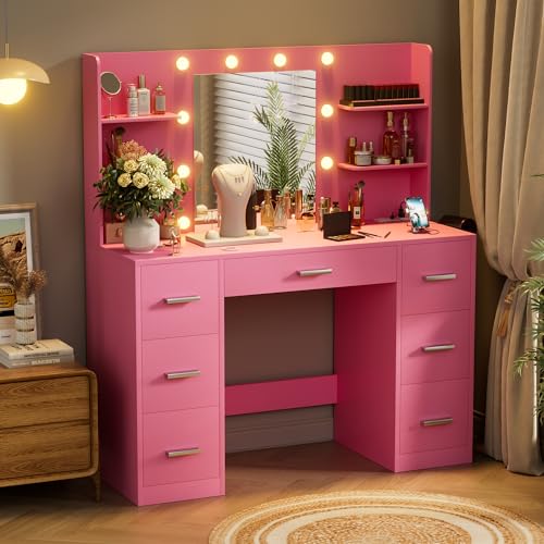Black Vanity Desk with LED Lighted Mirror and 7 Drawers K295