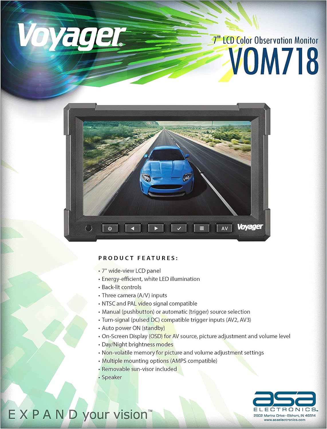 7 LCD Color Backup Rear View Monitor with 3 Camera Inputs P201
