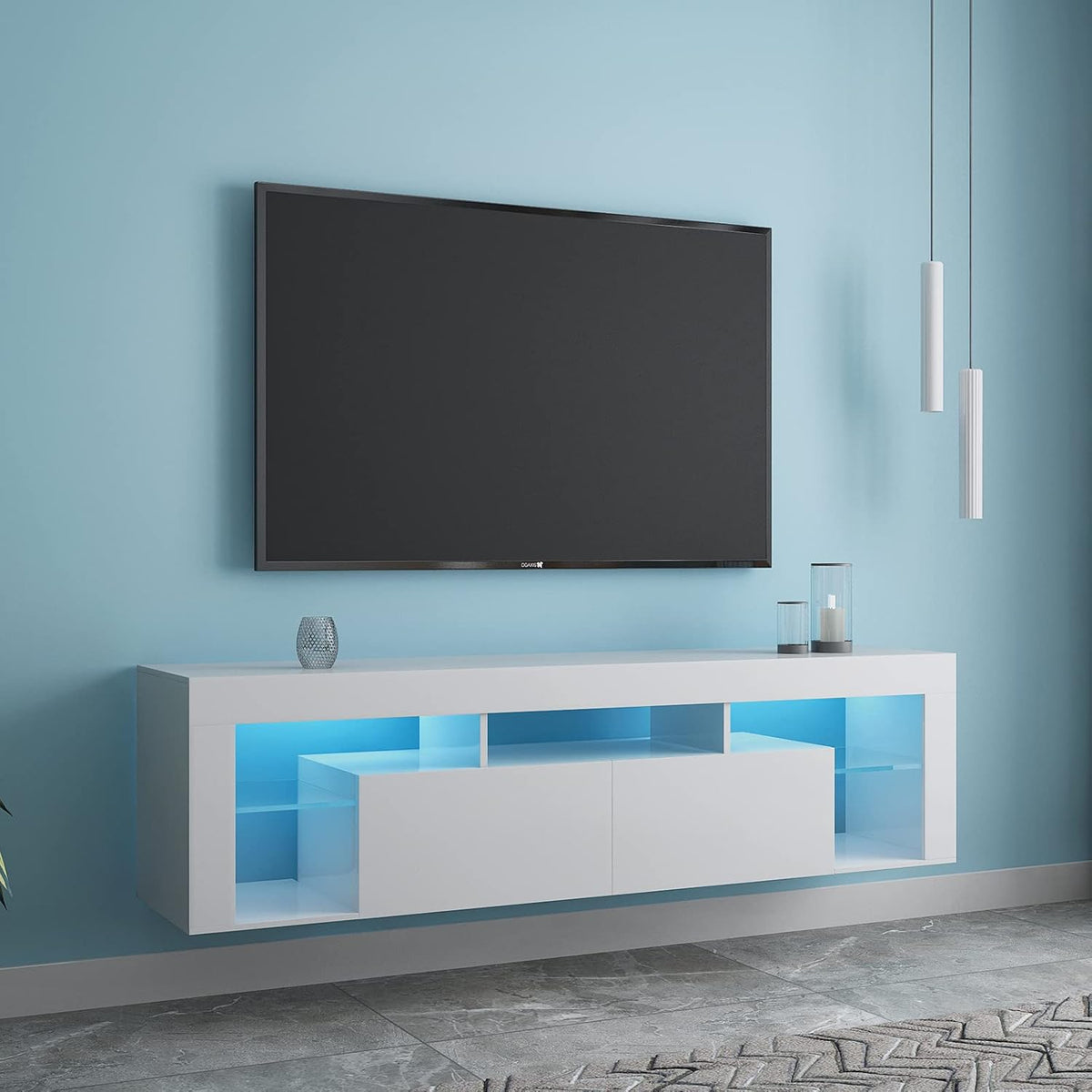 White Wall-Mounted TV Stand with LED Lights and 2 Storage Drawers H27289