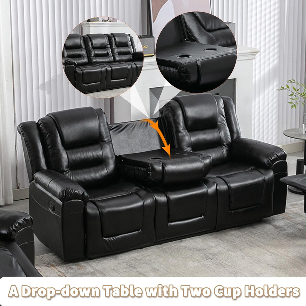 3 Seater Manual Reclining Leather Sofa with Center Console X851833