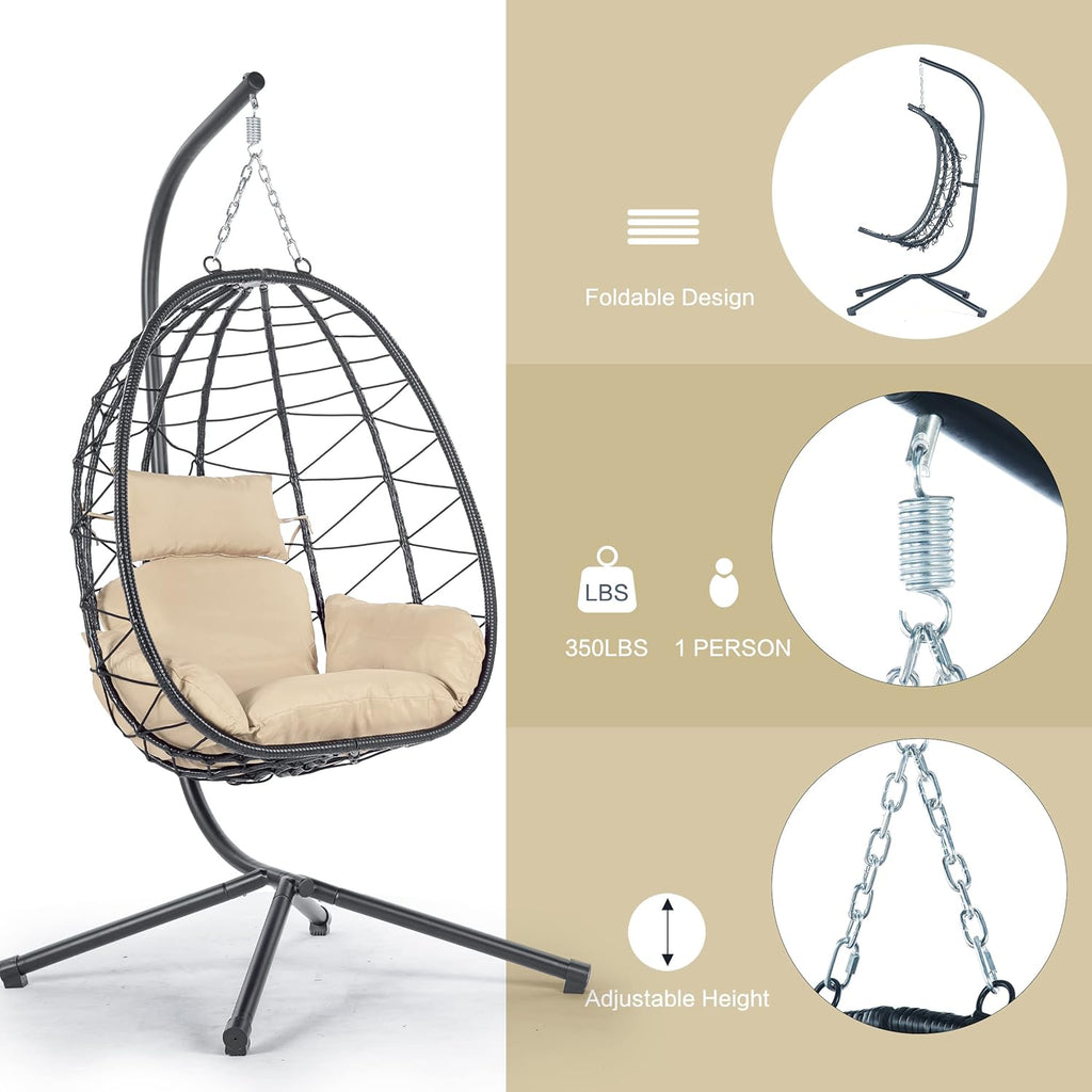 Egg Chair with Stand, Rattan Hanging Chair with Cushion W8449