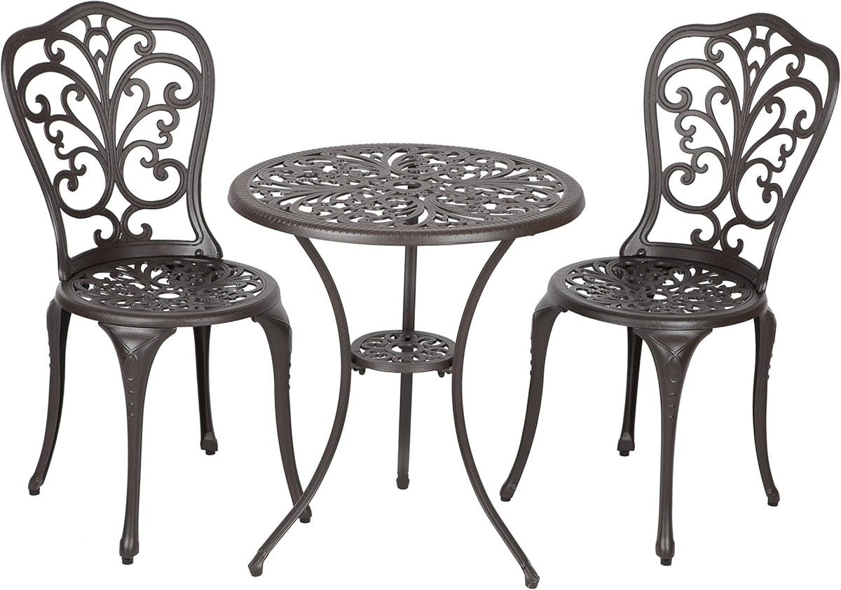 Cast Aluminum 3-Piece Bistro Set Two Chairs & Table Antique Bronze Finish F945