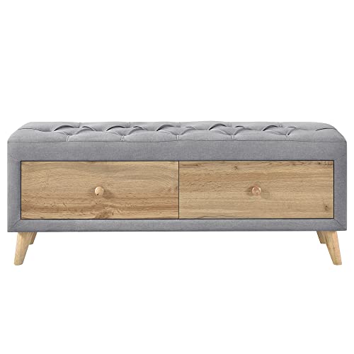 Gray Upholstered Wooden Storage Ottoman Bench with 2 Drawers T996