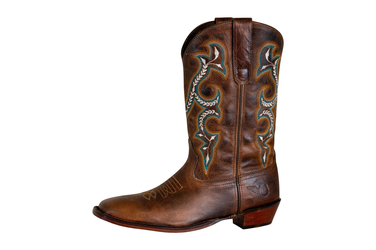 Brown Leather Square Toe Western Boots E559