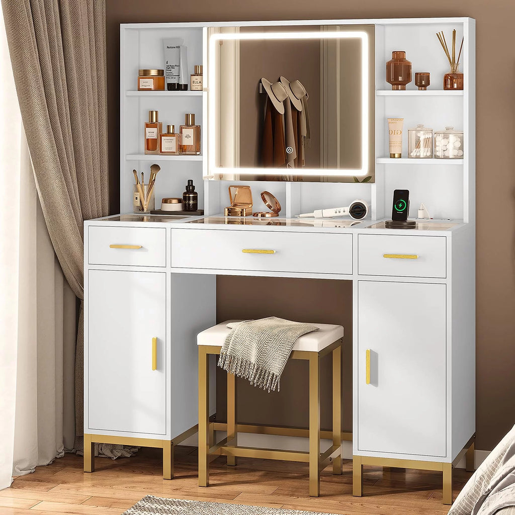 White Vanity Set with Lighted Mirror and Charging Station S7172