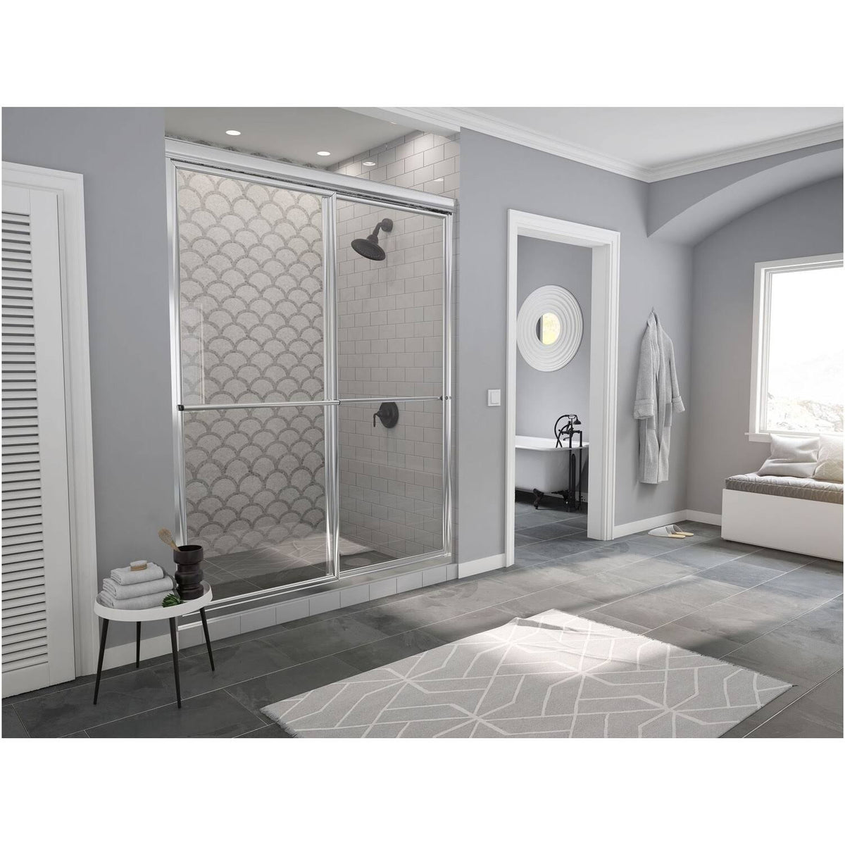 Framed Sliding Shower Door with Towel Bar in Clear Glass I412598