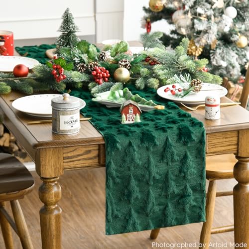 Green Plush Faux Fur Jacquard Christmas Table Runner 13x72 Inch F736488