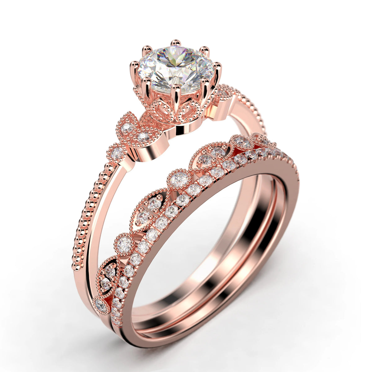 2.25 Carat Round Cut Diamond Moissanite Floral Engagement Ring In 925 Sterling Silver With 18K Rose Gold Plating O2621