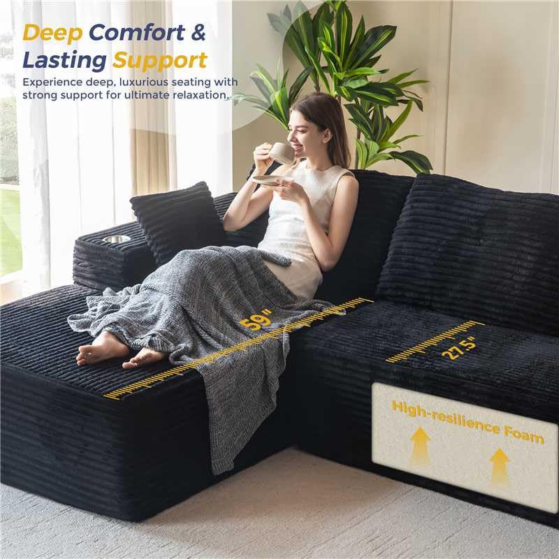 110" Modular Sectional Couch with L-Shape Chaise Black E8863