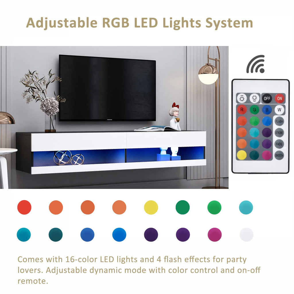 White Black High Gloss Floating TV Stand with LED Lights A4375