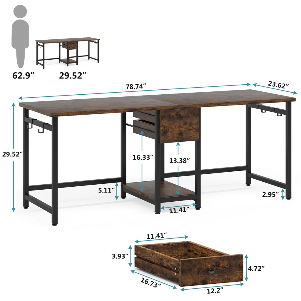 78 Inch 2 Person Desk with 2 Drawers and Storage Shelves K5843