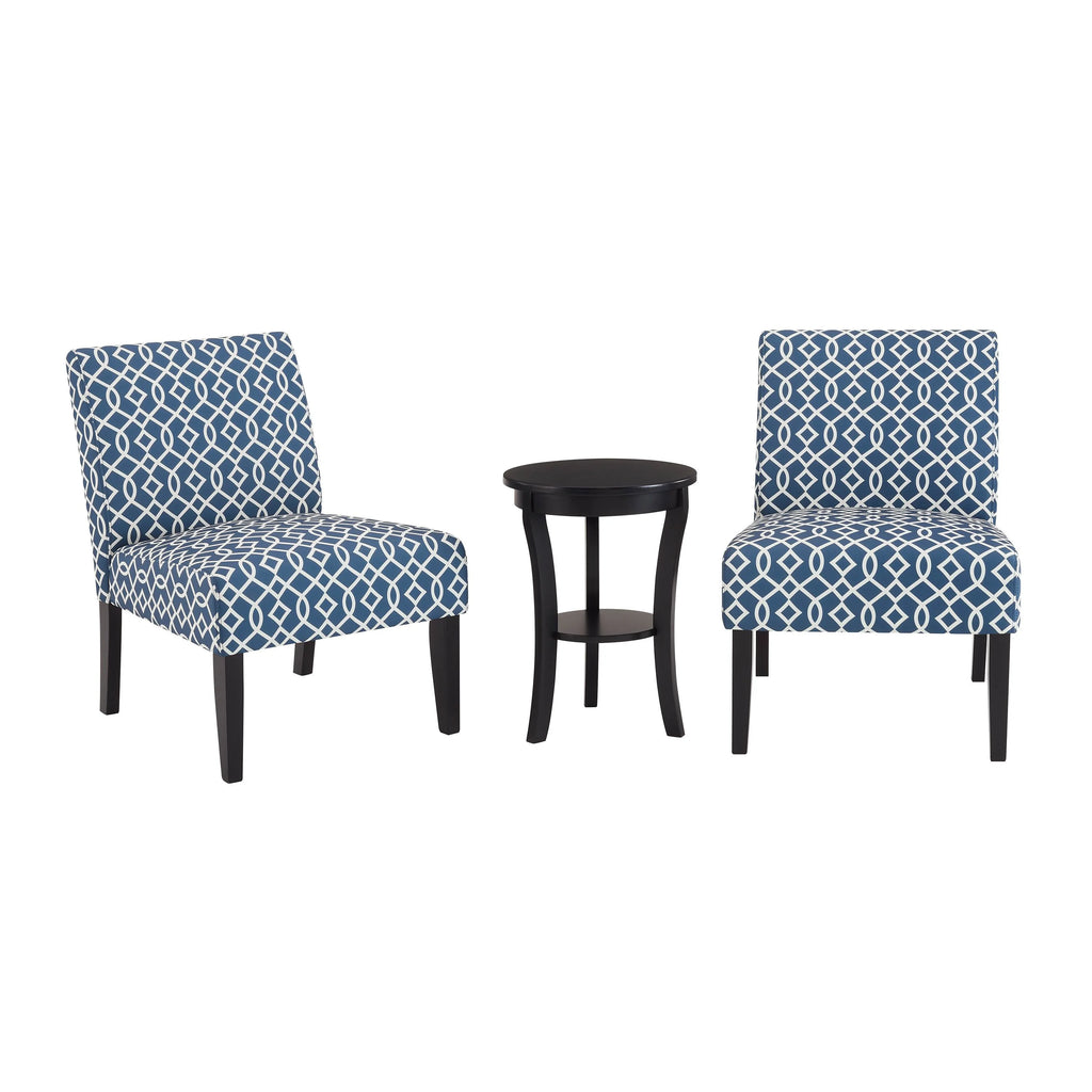 3pc Blue Fabric Upholstered Side Table and 2 Chairs A52363