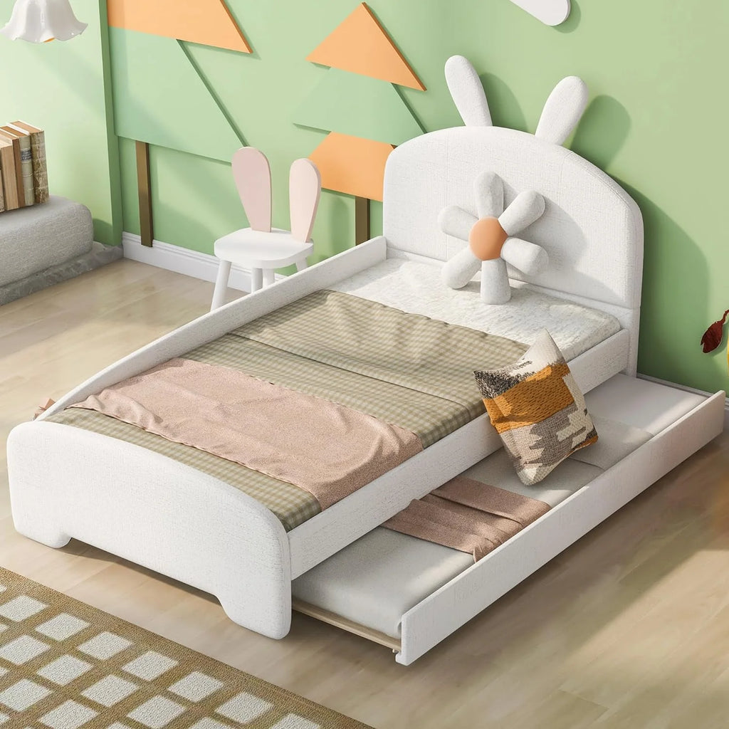 White Chenille Upholstered Platform Bed with Trundle and Cartoon Ears Headboard X216331
