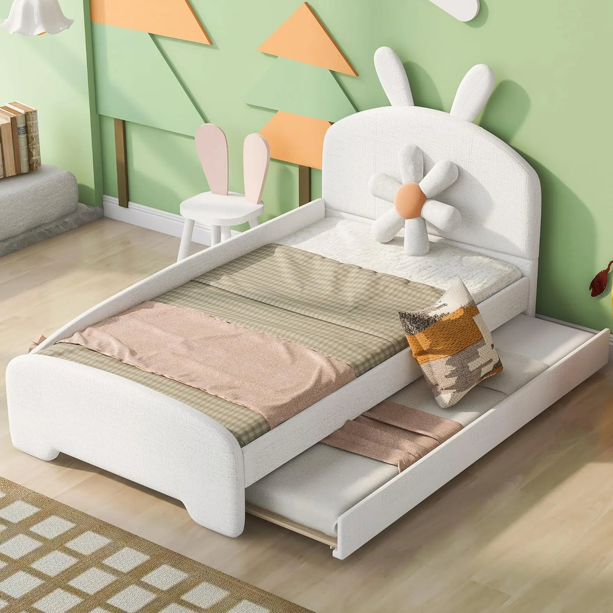 White Chenille Upholstered Platform Bed with Trundle and Cartoon Ears Headboard X216331