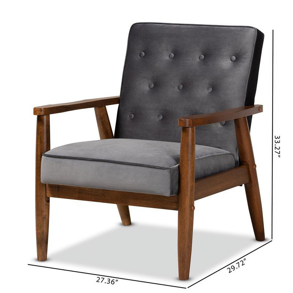 Grey Velvet Upholstered Wood Lounge Chair C1203