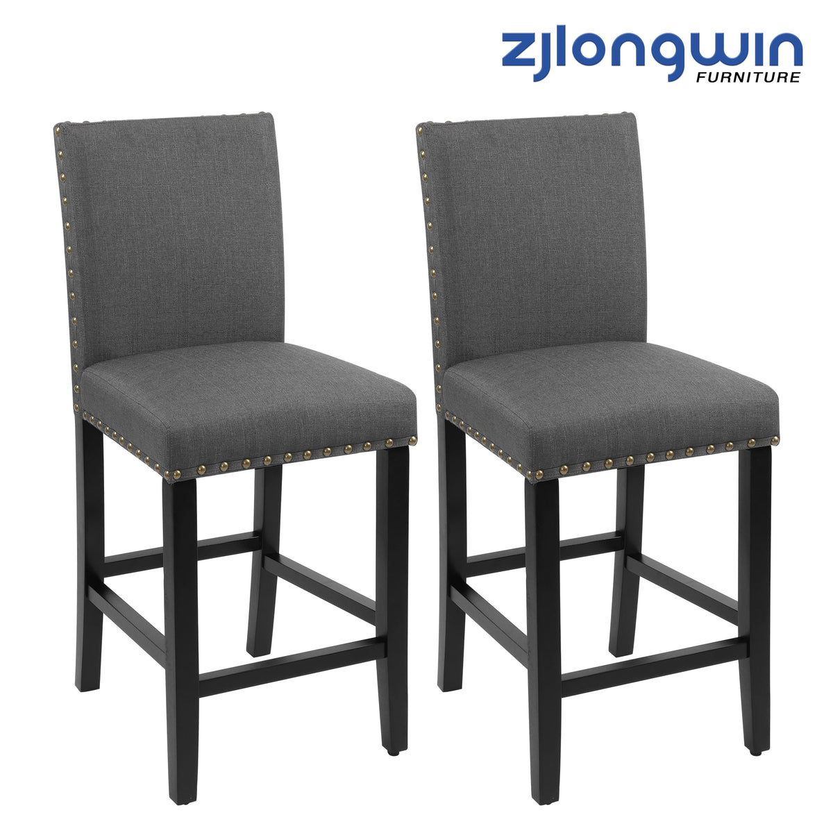 Charcoal Fabric Upholstered Wooden Barstools Set of 2 S477