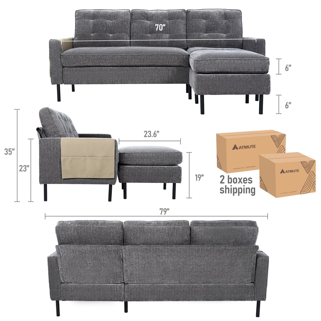 Grey Chenille L Shaped Sectional Sofa with Reversible Chaise N70913