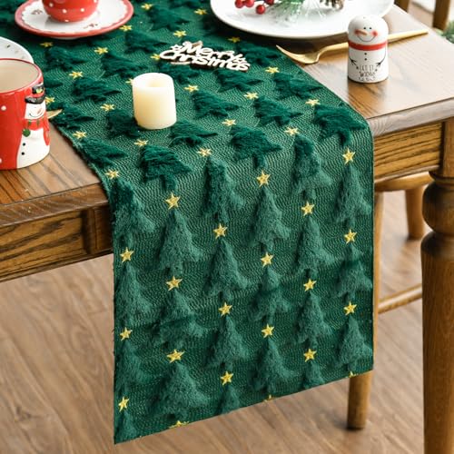 Green Plush Faux Fur Jacquard Christmas Table Runner 13x72 Inch F736488